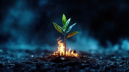A sprouting plant emerges from burning soil, symbolizing resilience.