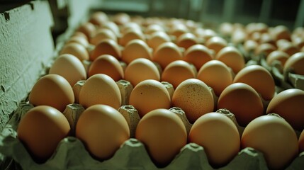 Close-up of brown eggs nestled in a carton, part of a larger wholesale order stacked in rows.