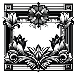 rectangular black-and-white ornate frame inspired by Art Deco, adorned with stylized tulips, geometric vines
