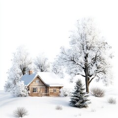 Naklejka premium Winter wonderland cozy log cabin amidst snowy landscape tranquil setting nature photography serene atmosphere