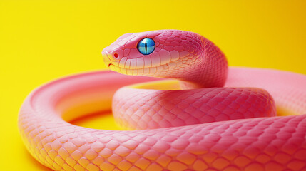 Obraz premium A pink snake in an elegant pose on a yellow background, symbol of the Year of the Snake
