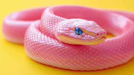 Obraz premium A pink snake in an elegant pose on a yellow background, symbol of the Year of the Snake