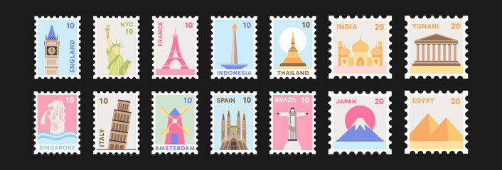 Set of Country Landmark Stamp Illustrations