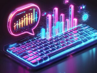 Futuristic Keyboard with Sentiment Analysis Hologram Floating Above