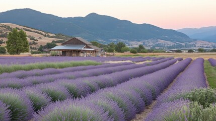Scenic Lavender Field at Dusk with Barn and Mountain Backdrop, Capturing Tranquil Beauty of Nature in Rural Landscape