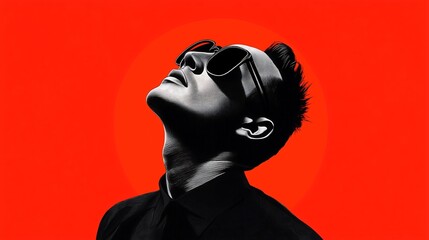 A high-contrast black and red illustration of a man wearing dark sunglasses, designed in a bold vector art style, highlighting the man's confident and stylish demeanor.