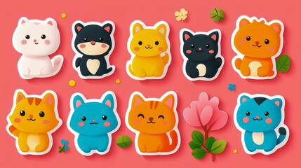 A delightful collection of colorful cartoon cats sits on a bright pink backdrop, showcasing their adorable expressions and playful poses