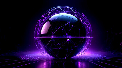 A glowing, transparent 3D sphere with a matrix of data lines and nodes inside. The outer shell is surrounded by a faint aura of neon light