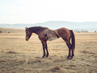 Obraz premium Malnourished Horse Standing in Desolate Drought Stricken Field