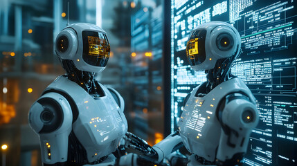 Fototapeta premium Robots engaging in communication futuristic technology hub digital interaction urban environment close-up view ai collaboration