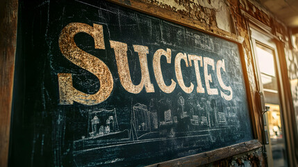 Fototapeta premium Creative success signage urban cafe chalkboard art rustic environment close-up view inspirational concept