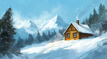 Naklejka premium Cozy Wooden Cabin in Snowy Landscape Surrounded by Majestic Mountains and Pine Trees Under a Clear Blue Sky with Light Snowfall, Perfect for Winter Retreat