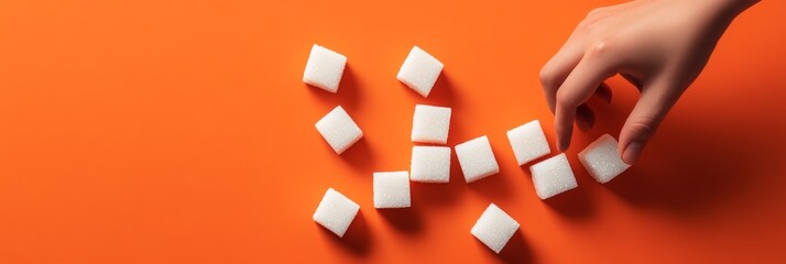 Hand removes sugar cubes from a vibrant orange surface, symbolizing sugar reduction, a low sugar lifestyle, and the health risks associated with excessive sugar consumption