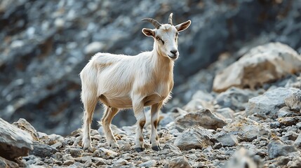 Obraz premium Weak and Starving Goat Struggling on Barren Rocky Terrain Due to Environmental Changes