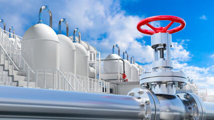 Petrochemical industry. Exterior of gasoline production factory. Petrochemical plant under blue...