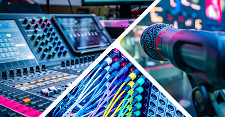 Sound equipment for events. Mixing console. Presenter microphone near wires. Audio equipment for...