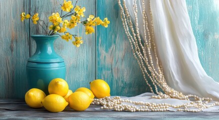 Still life with lemon, yellow flowers, and a blue vase on a wooden table in front of a light turquoise wall