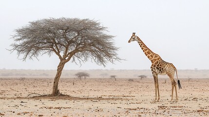 Desperate Giraffe Stands by Leafless Tree in Drought Stricken Landscape