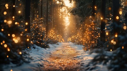 Enchanted forest path with glowing lights.