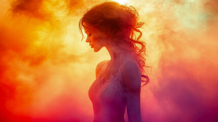 A woman poses elegantly with swirling colorful smoke surrounding her during a creative celebration, capturing a moment of beauty at sunset