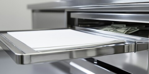 A stainless steel drawer partially open, revealing cash and a blank sheet of paper inside.