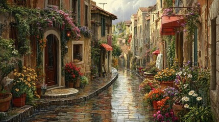 Fototapeta premium Charming European Village Street with Colorful Flower Pots, Quaint Homes, and Rainy Atmosphere Capturing Serenity and Beauty in Nature's Embrace