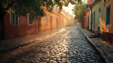 Fototapeta premium Serene Morning Light on Cobblestone Streets Surrounded by Colorful Historic Buildings in a Picturesque Town with Soft Fog and Lush Trees