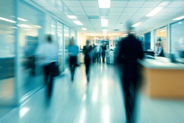 Busy office environment with blurred figures of professionals working, abstracted details, clean and bright lighting Business concept, motion bokeh background
