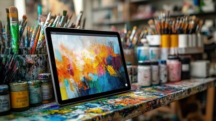 Colorful abstract art display in an artist's studio.