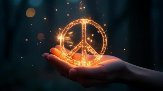 Magical peace symbol glows in hands against enchanting forest background