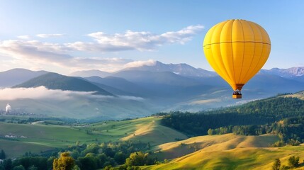 Obraz premium Majestic Hot Air Balloon Overlooking Picturesque Mountain Valley Landscape for Adventure Travel