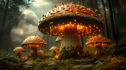 Glowing mushrooms illuminate a forest landscape at dusk, casting a magical atmosphere with their vibrant colors and soft lighting among tall trees