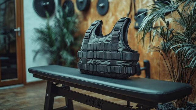 Weight vest on a bench in a fitness setting.