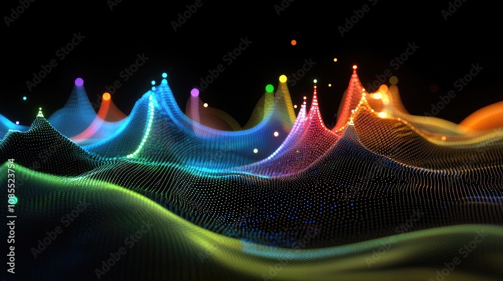 Poster vibrant abstract waveforms with colorful light representation in a dark background for artistic and 