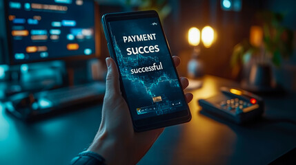 A person holds a smartphone showing a payment success notification in a modern office with low lighting, emphasizing a productive work atmosphere