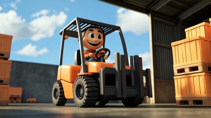 Cute cartoon character driving a forklift in a warehouse setting, showcasing vibrant colors and a cheerful atmosphere with wooden crates in the background.