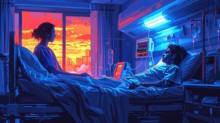 In a hospital room, a nurse adjusts an IV drip while offering comforting words to a patient in bed. The atmosphere is calm and compassionate, with the nurse focused on providing the best care possible