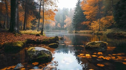 Obraz premium A serene autumn forest scene with colorful leaves, moss-covered rocks, and a tranquil lake reflecting the surrounding trees