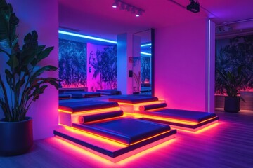 Futuristic relaxation space with ambient lighting.