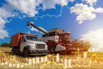 Grain harvest. Wheat harvester and truck stand in field. Agriculture machinery at work. Fluctuations in graphs symbolize changes in prices in agriculture. Extraction of grain for bread production