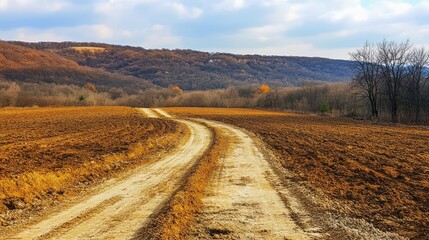 Naklejka premium A winding dirt road through a plowed field with distant hills under a cloudy sky.