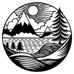 Midnight Mirage Black Landscape with River and Trees Shadowy Streams cape Mountain River in Black silhouette vector illustration