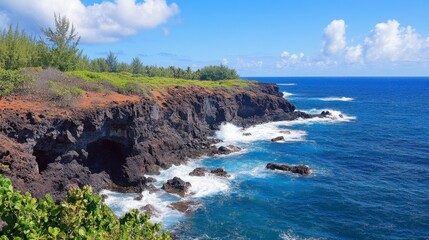 Naklejka premium Scenic Coastal View of Rugged Cliffs Overlooking Crystal Clear Ocean Waters Beneath a Bright Blue Sky with Fluffy White Clouds