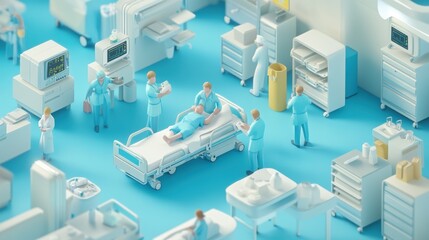 Detailed scene of a modern hospital with healthcare professionals attending to a patient in a vibrant and colorful setting showcasing medical equipment and care procedures