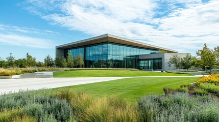 Obraz premium Contemporary office building with a large green lawn and modern landscaping, blue skies and minimalist architecture.