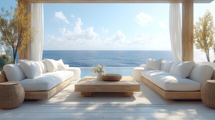 Serene outdoor lounge with ocean view and minimalist decor.