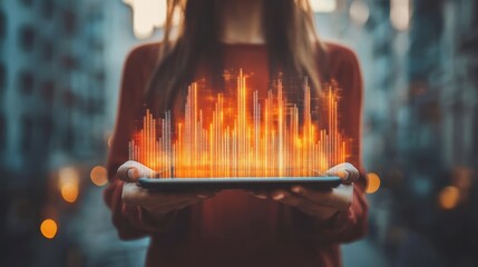 Fototapeta na wymiar A person holds a tablet displaying vibrant sound wave graphics in an urban setting.