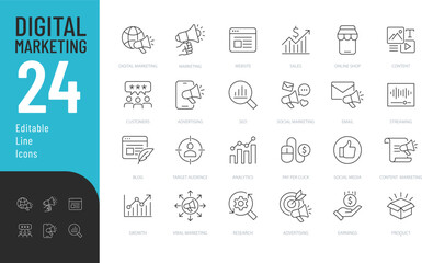 Digital Marketing Line Editable Icons set. Vector illustration in modern thin line style of advertisement related icons: online shop, content, streaming, and more.