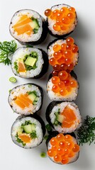 An assortment of nigiri sushi and maki sushi, topped with salmon, avocado, cucumber, and tobiko. The sushi is arranged on a white plate and garnished with dill and green onions.