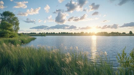 Fototapeta premium Serene Evening Landscape with Calm Water Reflection and Lush Greenery Illuminated by a Golden Sunset Over a Tranquil Sky Filled with Fluffy Clouds